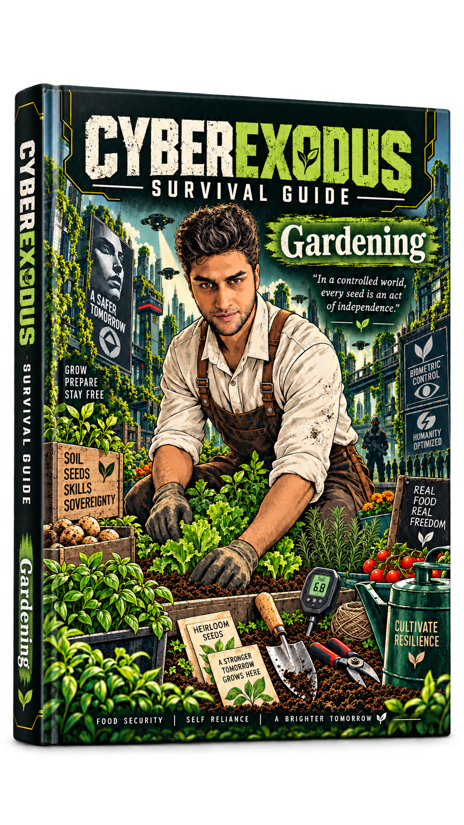 Illustrative mockup of the CyberExodus Gardening book cover